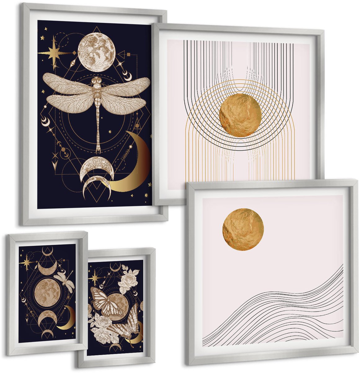 TULUP 4-Delige Schilderij Set - Stijlvolle ruimtethema's met insecten en geometrische patronen. - 50 x 50 cm, 20 x 30 cm en 40 x 60 cm - Wanddecoratie - Muurdecoratie - Moderne Interieurdecoratie - Decoratieve Schilderijen Zilveren lijst