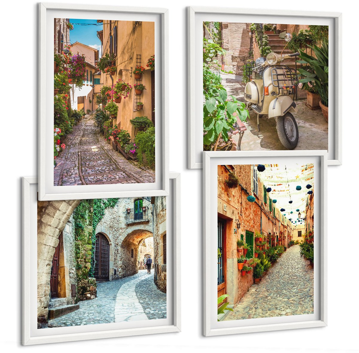 Tulup 4-Delige Schilderij Set - Sfeervolle straatjes met bloemen in een Italiaanse ambiance. - 40x40 en 40x60 - Muurdecoratie - Schilderijen Set - Woonkamer - Woonkamer Decoratie