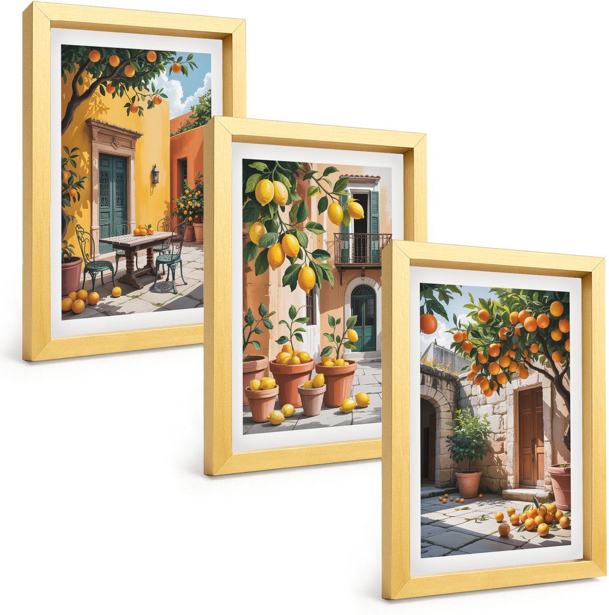 TULUP 4-Delige Schilderij Set - Citrusvruchten in een zonnige tuinscène - 20 x 30 cm - Stijlvolle Wanddecoratie - Interieur - Moderne Wanddecoratie Gouden lijst