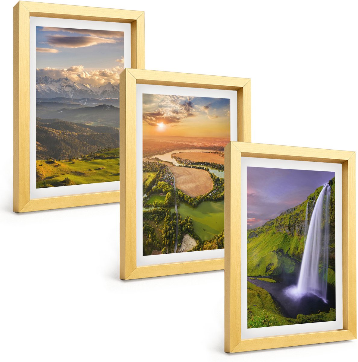 TULUP 4-Delige Schilderij Set - Uitzicht op een bergrivier en waterval in de natuur. - 20 x 30 cm - Stijlvolle Wanddecoratie - Interieur - Woonkamer Decoratie Gouden lijst