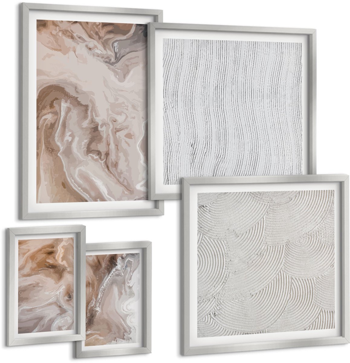 TULUP 4-Delige Schilderij Set - Abstracte marmerpatronen met steenstructuur - 50 x 50 cm, 20 x 30 cm en 40 x 60 cm - Decoratieve Schilderijen - Wanddecoratie - Hal - Muurdecoratie Zilveren lijst