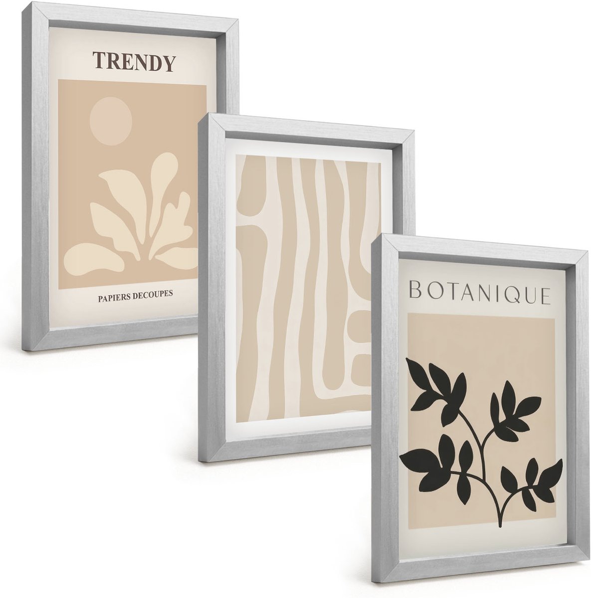 TULUP 4-Delige Schilderij Set - Stijlvolle plantenpatronen in beige en zwarte tinten. - 20 x 30 cm - Moderne Wanddecoratie - Slaapkamer Zilveren lijst