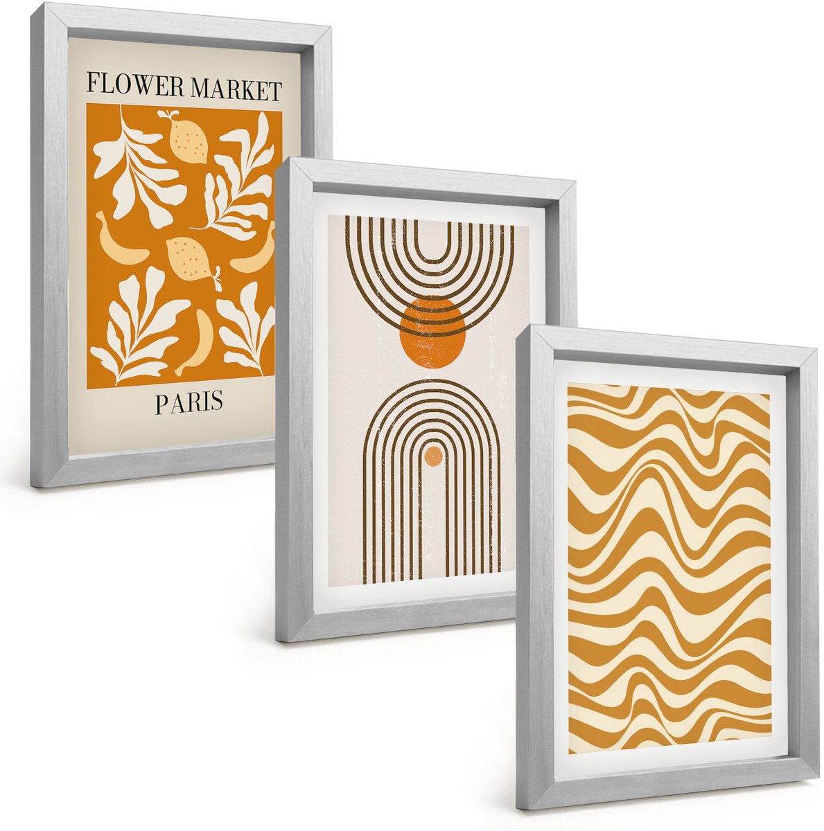 TULUP 4-Delige Schilderij Set - Modeposters met bloemen- en geometrische patronen - 20 x 30 cm - Muurdecoratie - Wanddecoratie - Hal - Moderne Wanddecoratie Zilveren lijst