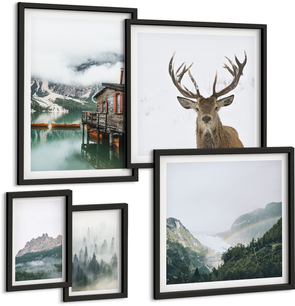 Tulup 4-Delige Schilderij Set - Berglandschappen met wilde dieren en een meer - 50 x 50 cm, 20 x 30 cm en 40 x 60 cm - Decoratieve Schilderijen - Woonkamer - Interieur