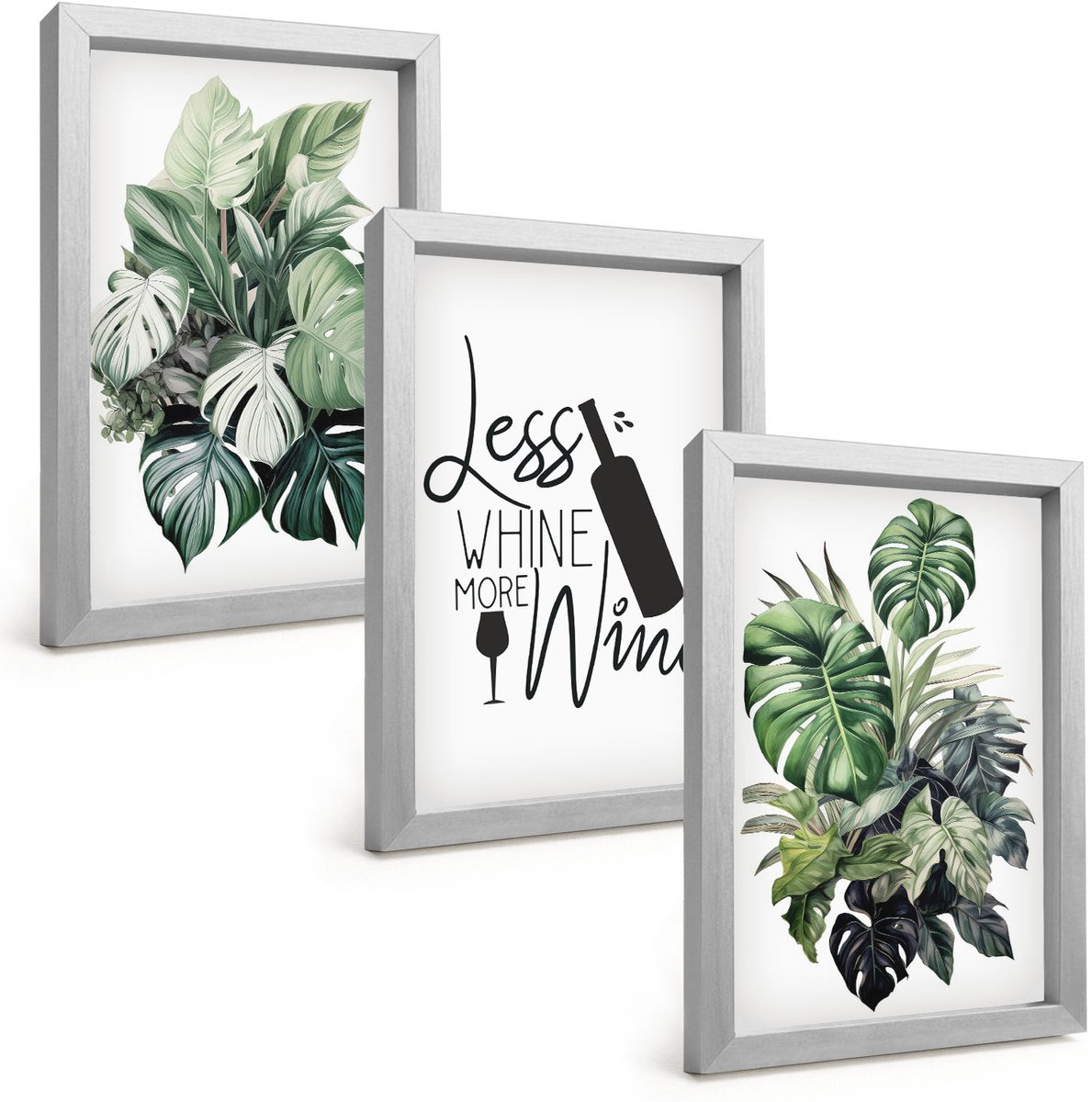 Tulup 4-Delige Schilderij Set - Groene plantenbladeren met het opschrift "wijn". - 20 x 30 cm - Decoratieve Schilderijen - Woonkamer - Interieur
