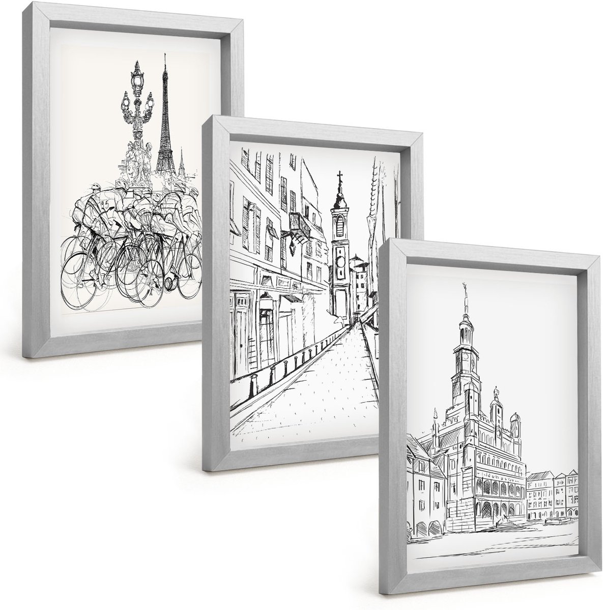 Tulup 4-Delige Schilderij Set - Eenvoudige tekeningen van stadsgezichten - 20 x 30 cm - Schilderijen Set - Wanddecoratie - Woonkamer - Decoratieve Schilderijen