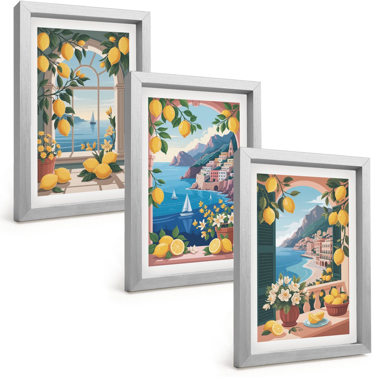 Tulup 4-Delige Schilderij Set - Zeezichtraam met Italiaanse citroenen - 20 x 30 cm - Moderne Wanddecoratie - Woonkamer - Decoratieve Schilderijen