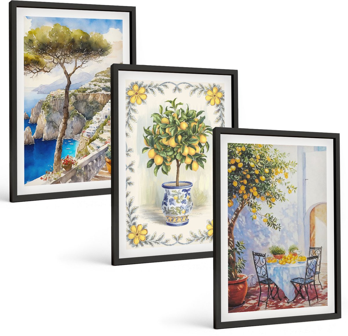 Tulup 4-Delige Schilderij Set - Uitzicht op zee met citroenbomen - 40 x 60 cm - Wanddecoratie - Schilderijen Set - Interieur - Decoratieve Schilderijen