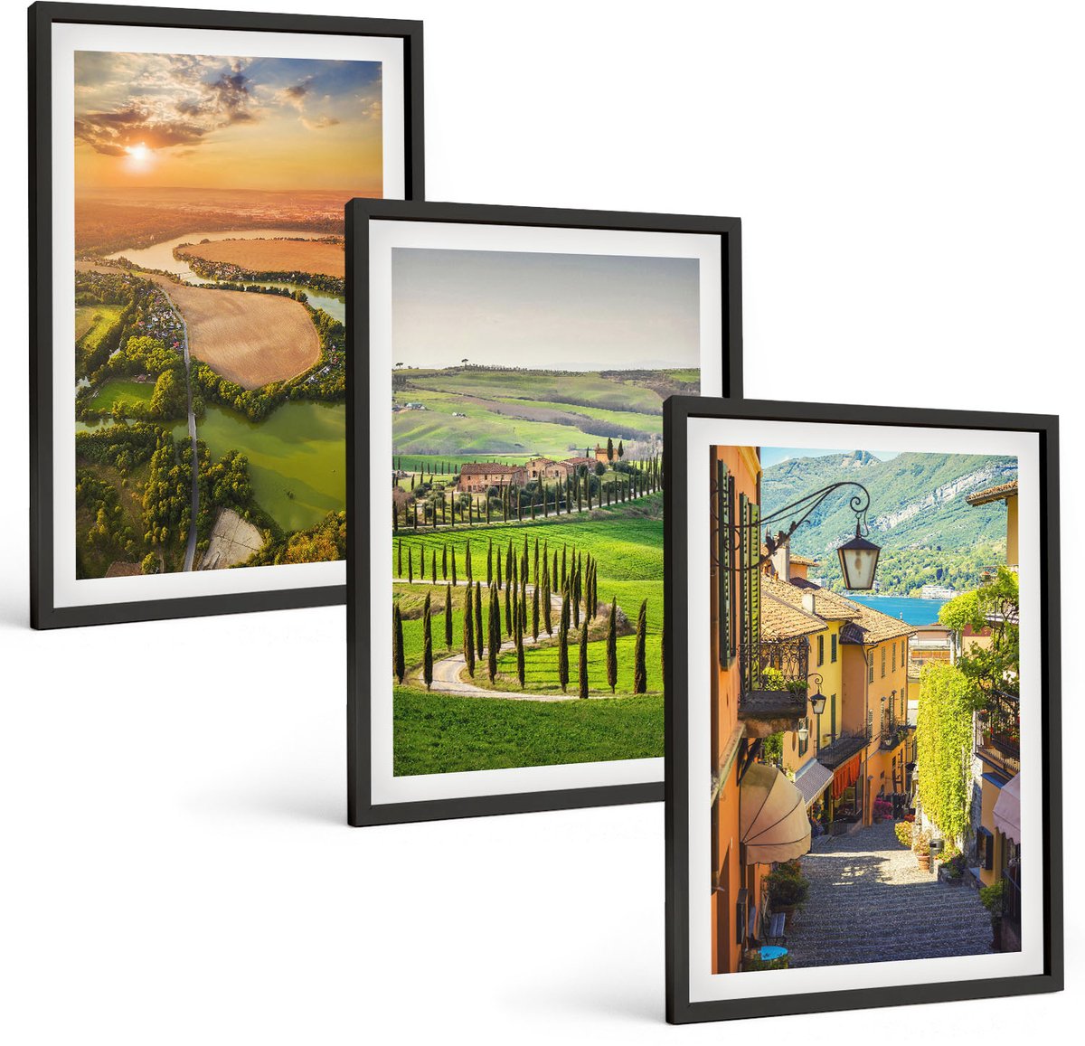 Tulup 4-Delige Schilderij Set - Italiaanse landschappen met een rivier, heuvels en een stadsstraat - 40 x 60 cm - Decoratieve Schilderijen - Woonkamer - Interieur - Interieur Decoratie