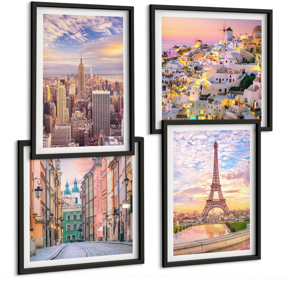 Tulup 4-Delige Schilderij Set - New York Parijs Oia Warschau Zonsondergang - 40 x 40 cm en 40 x 60 cm - Decoratieve Muurdecoratie - Slaapkamer - Decoratieve Schilderijen