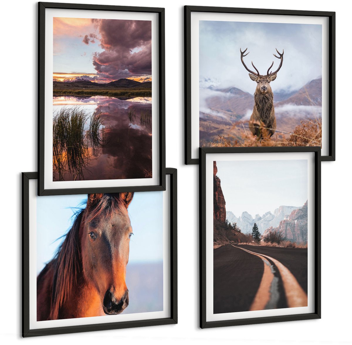 Tulup 4-Delige Schilderij Set - Berglandschap met rendieren, paarden en een weg - 40 x 40 cm en 40 x 60 cm - Wanddecoratie - Muurdecoratie - Woonkamer