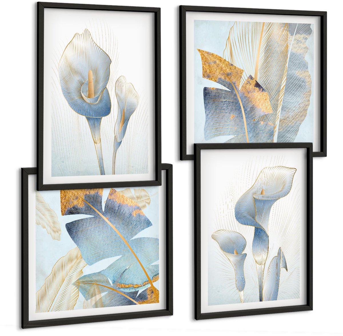 Tulup 4-Delige Schilderij Set - Fijne blauwe bloemen en bladeren op een lichte achtergrond. - 40 x 40 cm en 40 x 60 cm - Stijlvolle Muurdecoratie - Slaapkamer