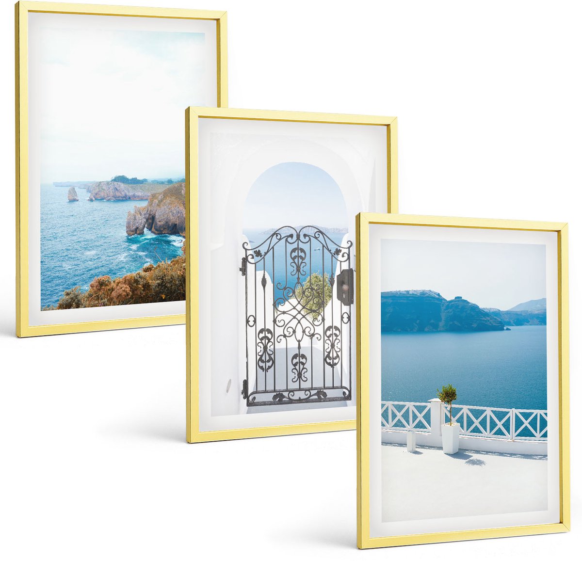 TULUP 4-Delige Schilderij Set - Zeezicht met Griekse architectuur - 40 x 60 cm - Decoratieve Schilderijen - Woonkamer - Interieur - Interieur Decoratie Gouden lijst