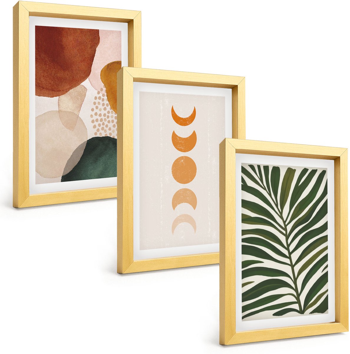TULUP 4-Delige Schilderij Set - Abstracte vormen in warme kleuren en bladeren - 20 x 30 cm - Stijlvolle Muurdecoratie - Slaapkamer Gouden lijst