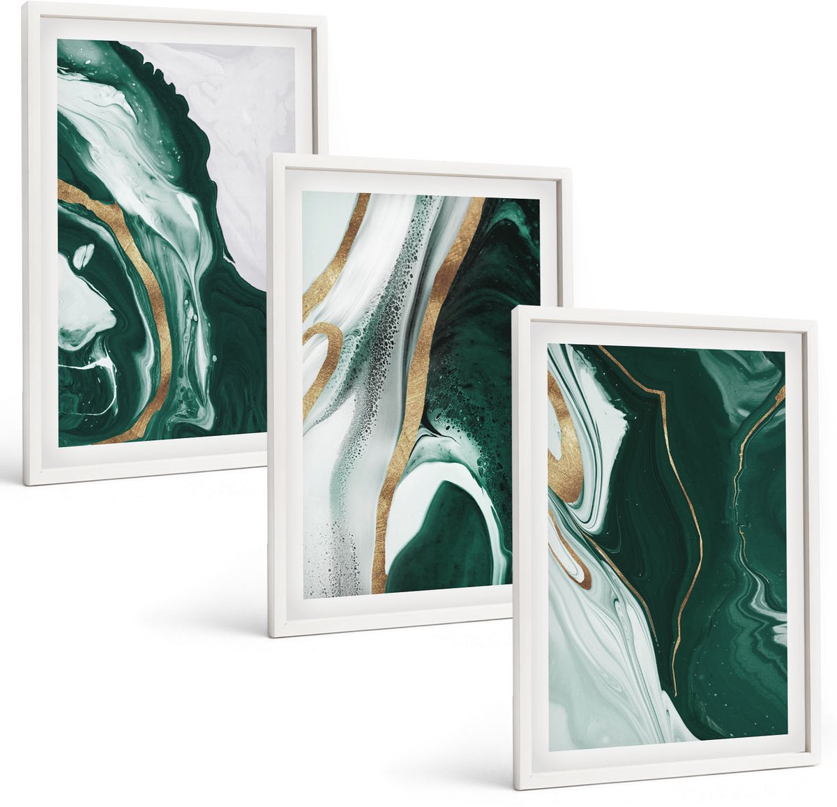 Tulup 3-Delige Schilderij Set - Abstracte verfpatronen in groen en wit - 40x60 - Moderne Wanddecoratie - Woonkamer - Stijlvolle Muurdecoratie
