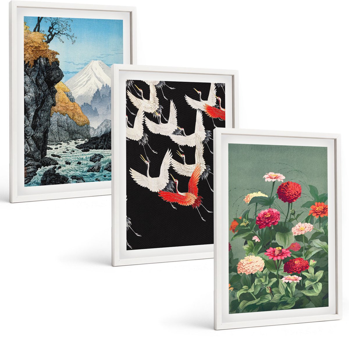 Tulup 3-Delige Schilderij Set - Bergen met een waterval, vogels in vlucht en kleurrijke bloemen - 40x60 - Muurdecoratie - Interieur Decoratie - Moderne Wanddecoratie