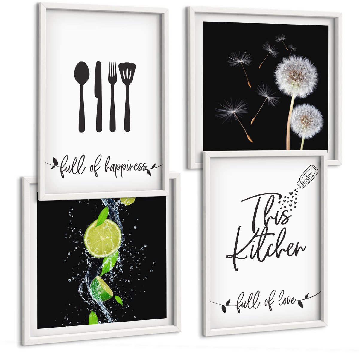 Tulup 4-Delige Schilderij Set - Paardenbloemen Sappige limoenen Keukenopschriften - 40x40 en 40x60 - Wanddecoratie - Schilderijen Set - Kantoor - Stijlvolle Muurdecoratie