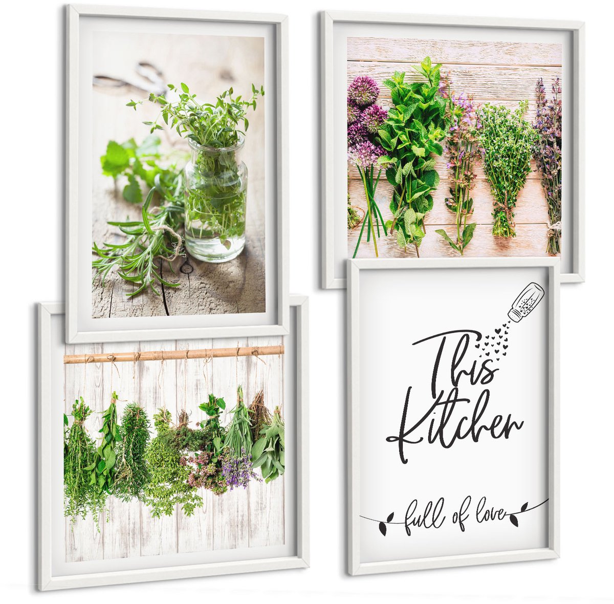 Tulup 4-Delige Schilderij Set - Keukenmotief Inscriptie Gedroogde kruiden - 40x40 en 40x60 - Moderne Wanddecoratie - Slaapkamer - Decoratieve Schilderijen