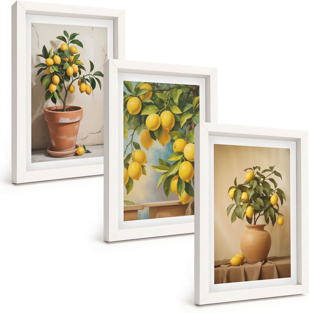 Tulup 3-Delige Schilderij Set - Citroenbomen in potten en vazen - 20x30 - Wanddecoratie - Muurdecoratie - Woonkamer - Interieur Decoratie