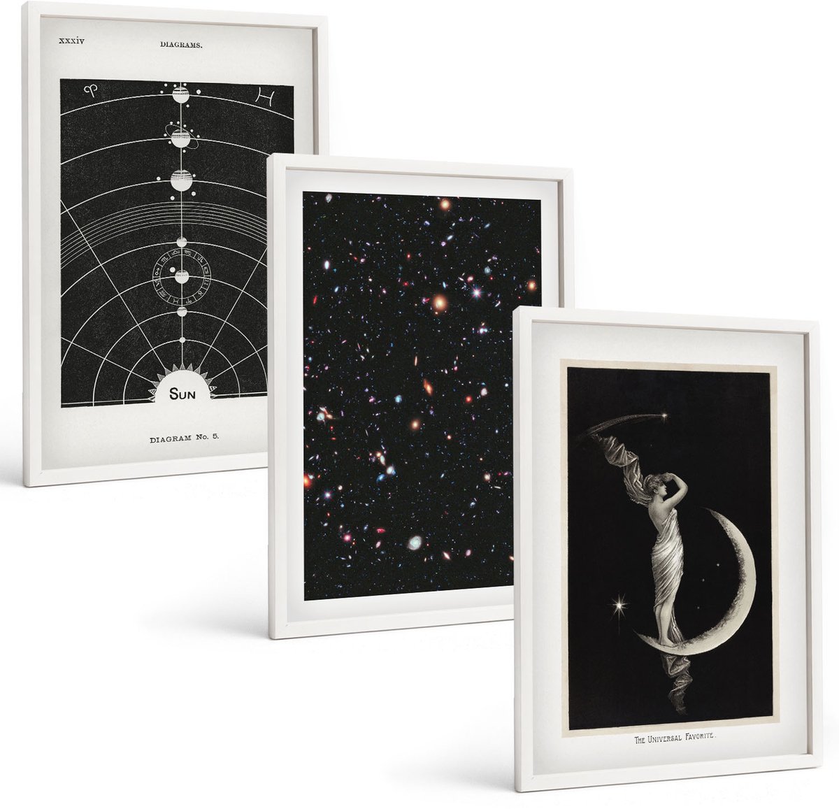 Tulup 3-Delige Schilderij Set - Sterrenstelsel in het zonnestelsel 's nachts Figuur op de maan - 40x60 - Wanddecoratie - Schilderijen Set - Interieur - Woonkamer Decoratie