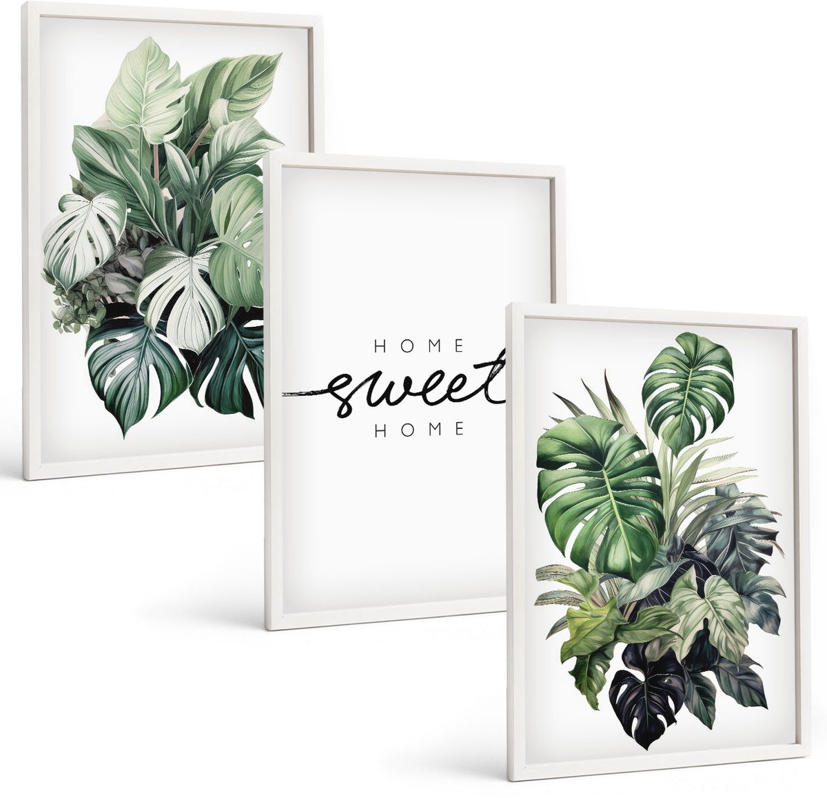 Tulup 3-Delige Schilderij Set - Planten in het groen met de woorden Sweet Home - 40x60 - Stijlvolle Wanddecoratie - Interieur - Muurdecoratie