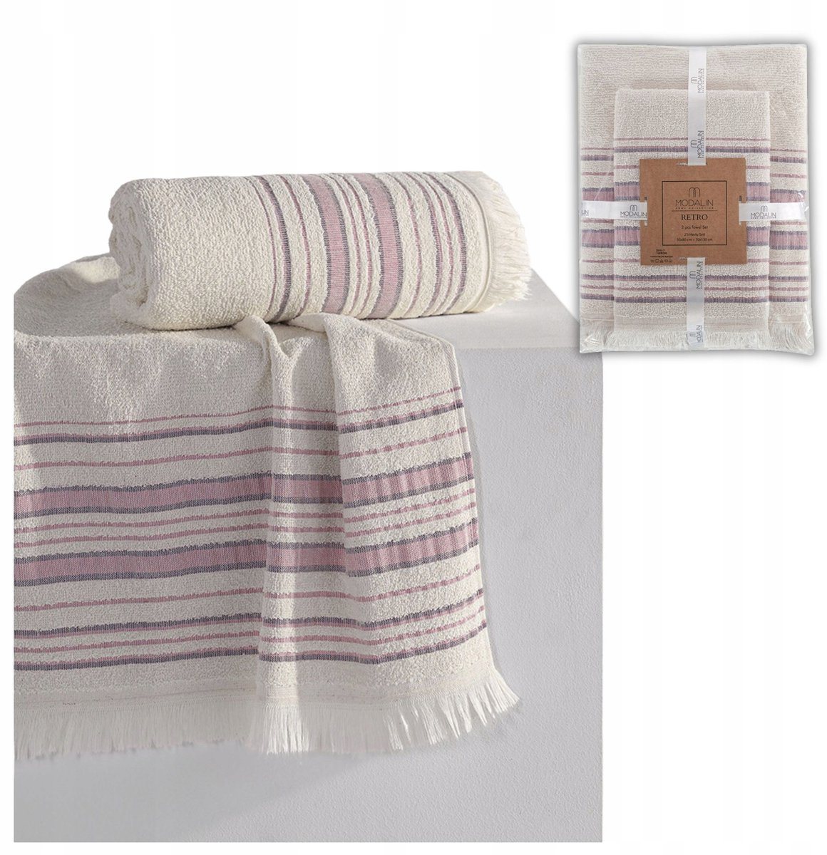 2 Katoenen Handdoeken Set 50x90 + 70x140 cm - Retro Stijl
