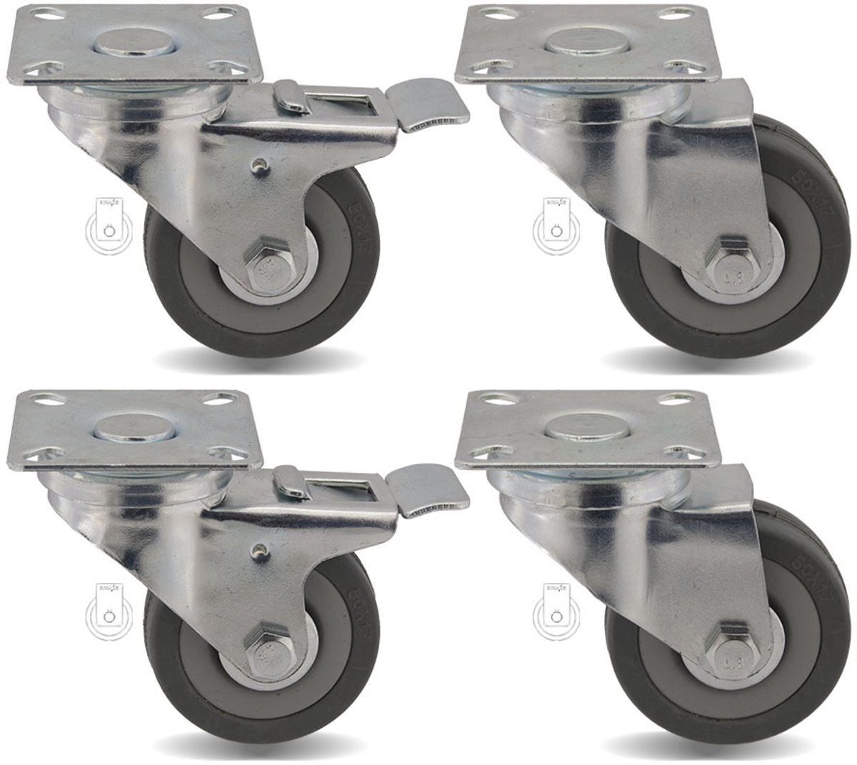 4x Zwenkwielen Ø50mm met Glijlager - Rubber PP