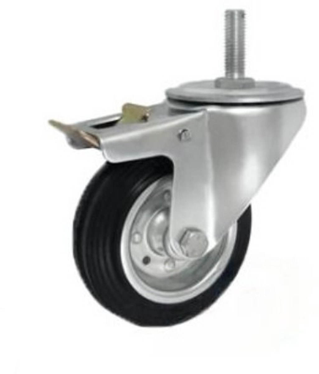 Zwenkwiel 100mm metaal-rubber met M12x35 draadpen en rem