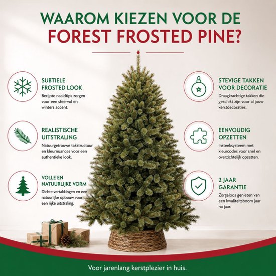 Groene kerstboom met bruine accenten en wat frosted tips. Met tekst over de kenmerken.