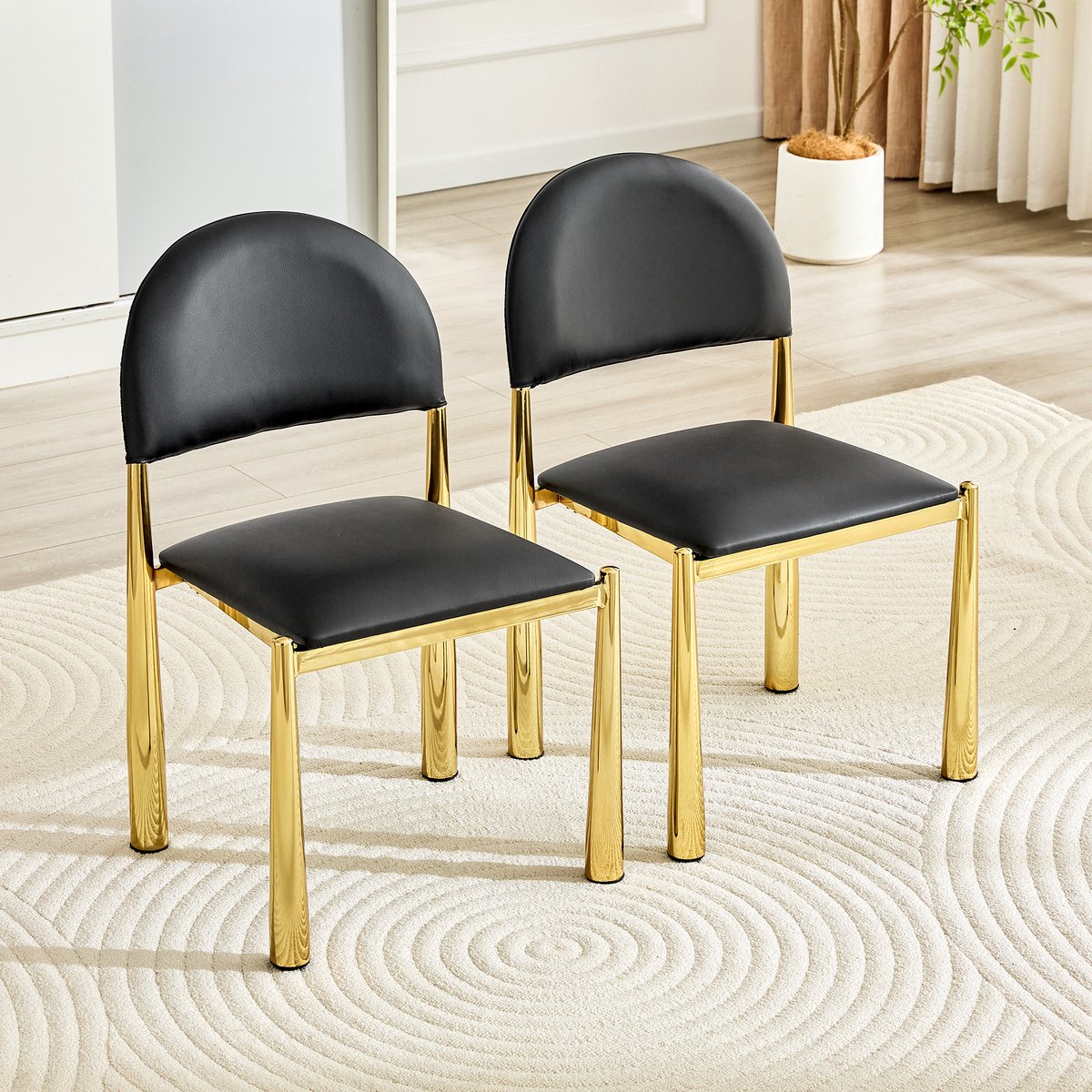 Eetkamerstoelen - Set van 2 - Moderne Eetkamerstoel Set - Gestoffeerde Eetkamerstoel - Halfronde Rugleuning - PU Leren Stoel - Keukenstoel - Woonkamerstoel - Eetkamerstoel met Metalen Poten - Stoel voor Eetkamer en Keuken - Zwart