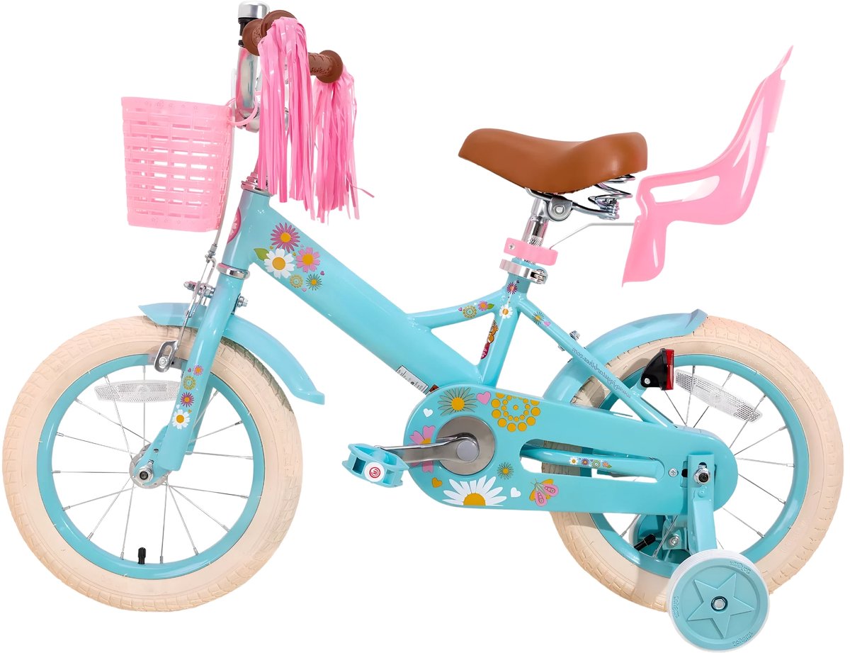Kinderfiets – Voor meisjes 2–7 jaar – Met poppenfietszadel, streamers, vlag en nummerplaat – Blue2-14 Inch