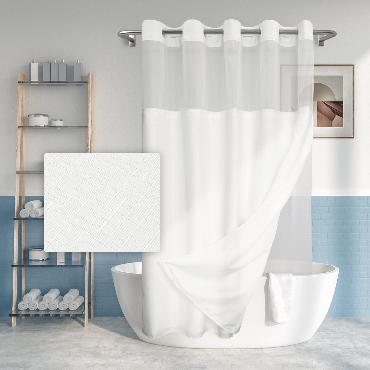SnelShoppen - Extra Lang Douchegordijn zonder Haken, Slub-structuur, PEVA-voering, 180,3 x 218,4 cm, Waterdicht, Wit, Hotelstijl met Doorzichtig Venst