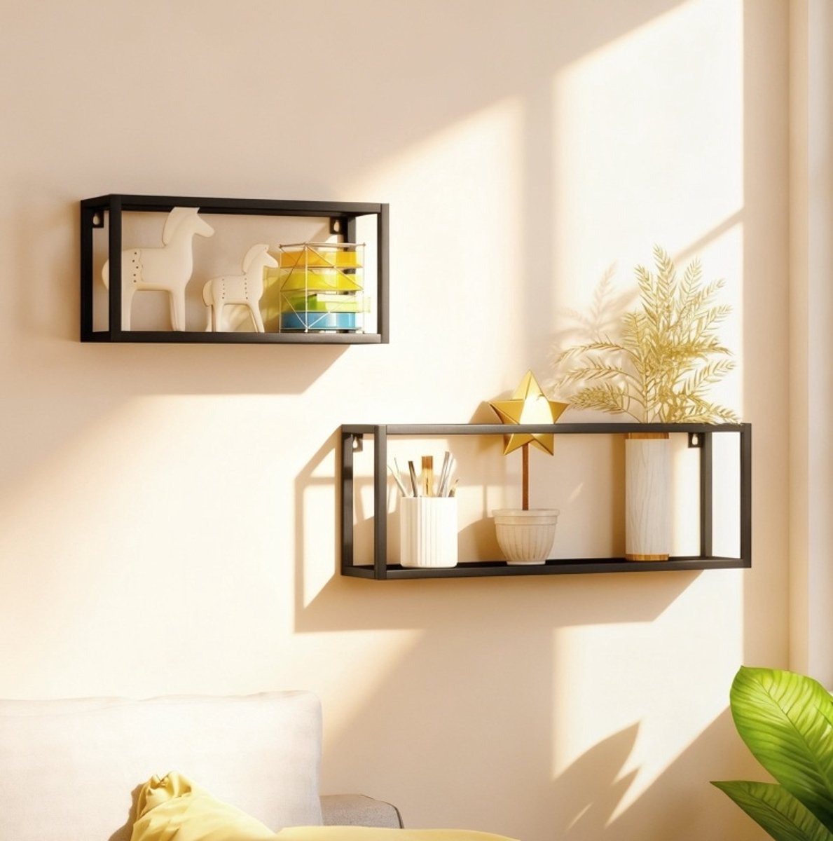 REDOM - Wandrek set van 2 - Open frame - Wandmontage - Geometrisch ontwerp - Geschikt voor hal, keuken, badkamer en kantoor - Staal - Zwart - 60 x 12 x 21 cm en 40 x 12 x 19 cm