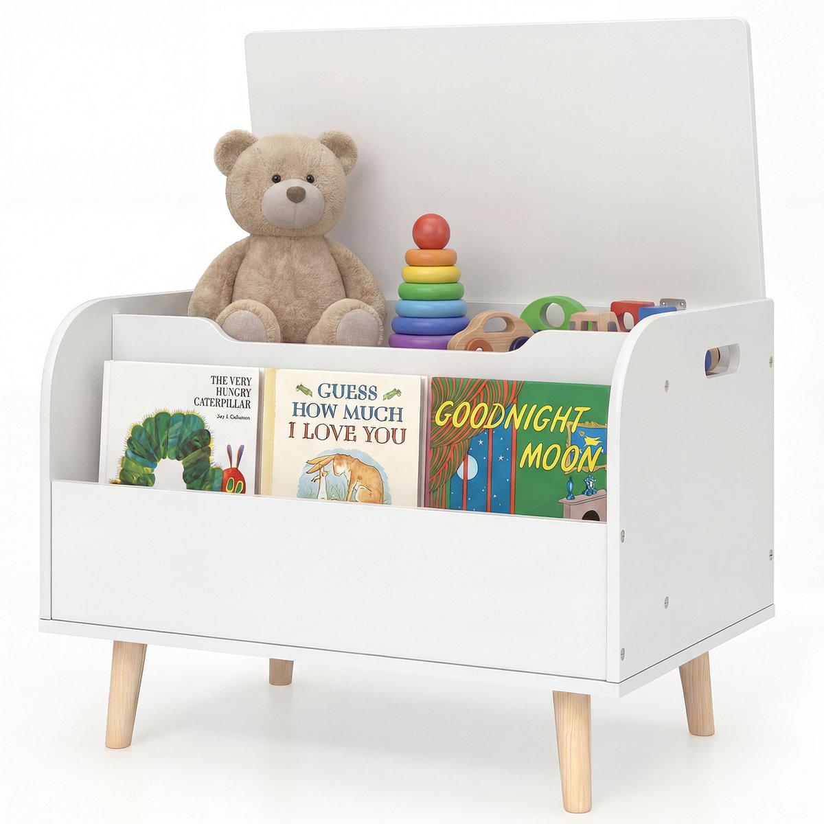 KOMFOTTEU 2-in-1 Houten Speelgoedkist met Deksel en Boekenplank, Zitkist met Opbergruimte voor Kinderkamer – 60x40x43 cm