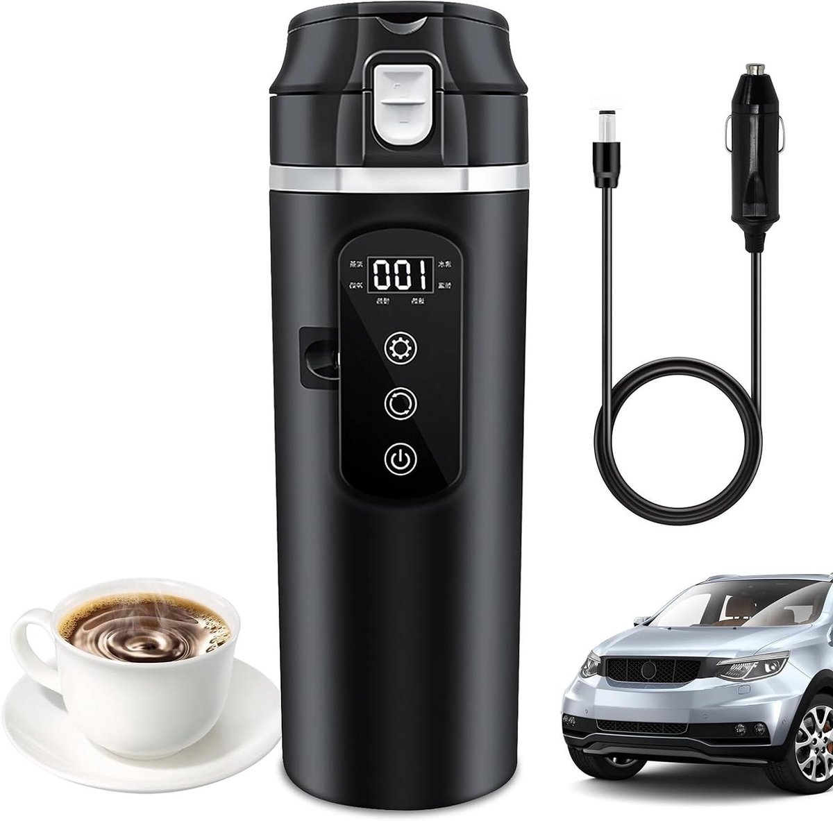 Elektrische Waterkoker - Verwarmde Beker - Reizen Onderweg - Temperatuur Display - 500ml 12-24V - Zilver