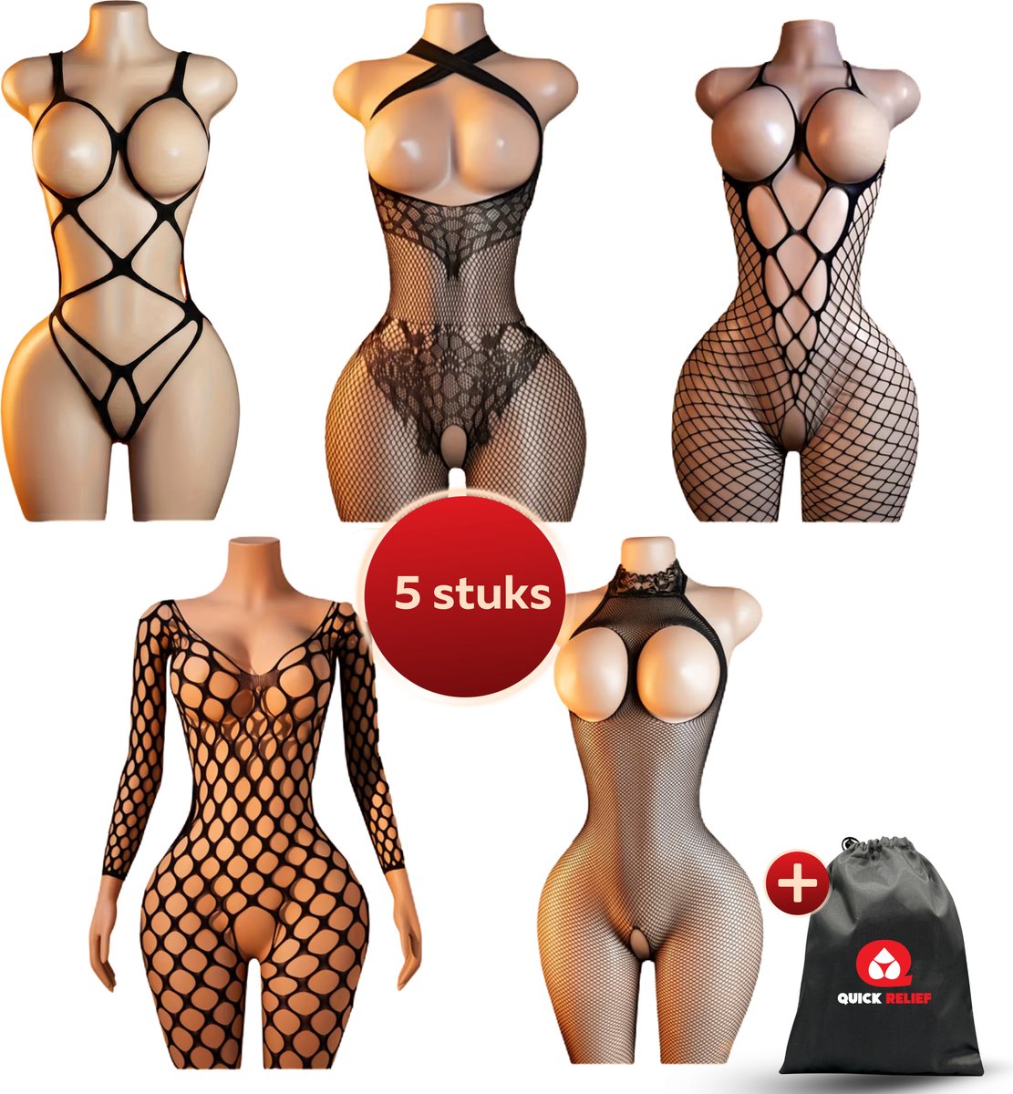 Quick Relief Catsuit Set van 5 – Sexy Bodysuits – Open Kruis – Zwart – Plussize - One size fits all