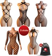 Quick Relief Catsuit Set van 5 – Sexy Bodysuits – Open Kruis – Zwart – Plussize - One size fits all