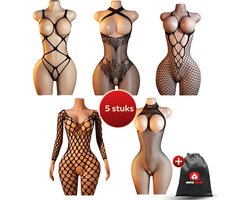 Quick Relief Catsuit Set van 5 – Sexy Bodysuits – Open Kruis – Zwart – Plussize - One size fits all