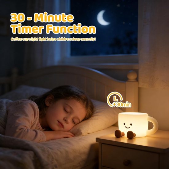 Nachtlampje voor kinderen - koffiekopje, 7 kleuren, zachte siliconen, nachtlampje, schattig nachtlampje, timer, dimbaar, USB-opladen, touch-lamp voor kamerdecoratie, verjaardagscadeau — afbeelding 3