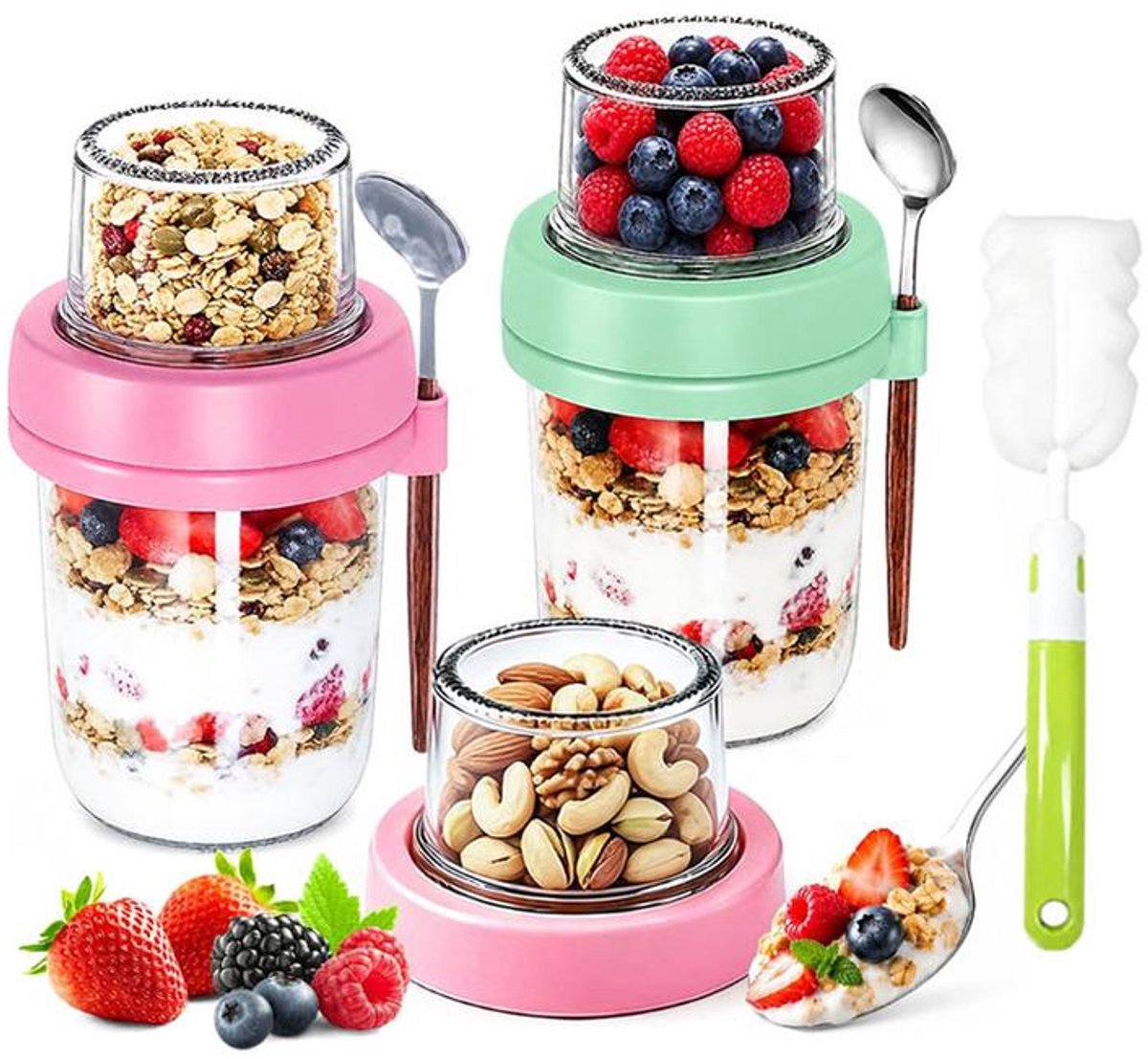 KZQ Set van 2 draagbare mueslibekers - Dubbellaagse bekers voor havermout - Yoghurtbekers - Handig om mee te nemen - Te gebruiken voor het van tevoren bereiden van ontbijt, snacks, yoghurt, muesli, enz.