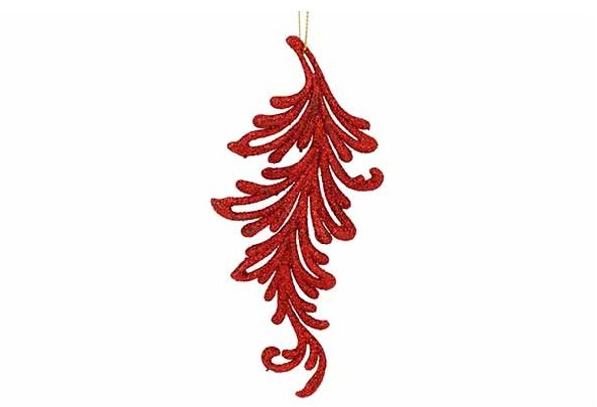 Hanger Leaf Glitter Rood 7xh16cm Kunstst Of