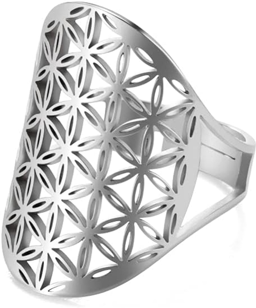 kkjoy Opengewerkte Bloem des Levens Ring Roestvrij Staal Verstelbare Open Vinger Ringen Belofte Ring Sieraden Gift Voor Vrouwen Charmante Dames