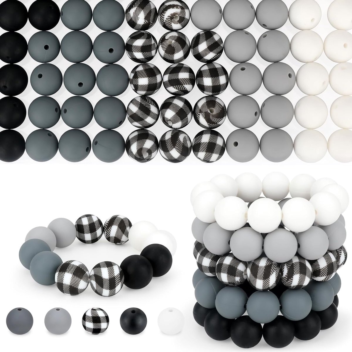 Kralen voor sleutelhanger, pennen, ambachten maken | Siliconen kralen bulk rond voor armbanden pennen ambachten sieraden maken (zwart wit)