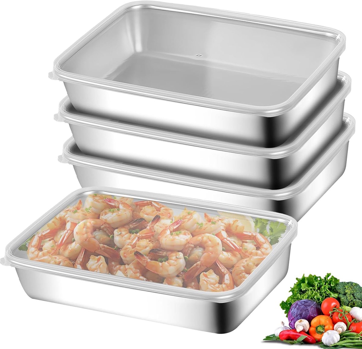 4 stuks roestvrijstalen voedselopbergdoos met deksel: 25,5 × 20 × 5,5 cm set met 4 vleeswarendozen, stapelbare roestvrijstalen box voor worst en kaas, vaatwasser, vriezer