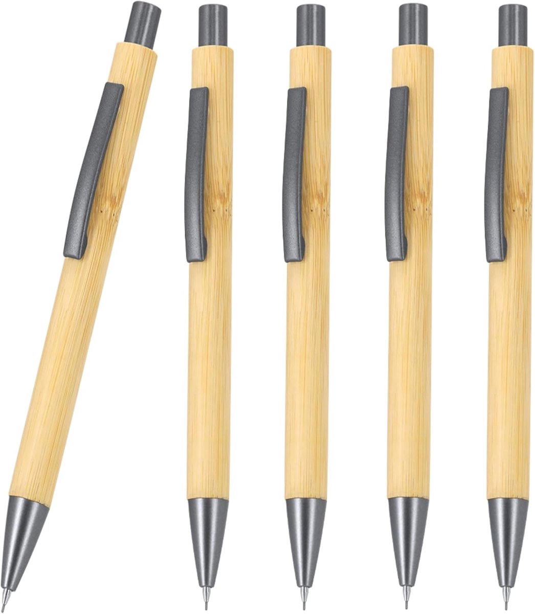 potloden van bamboe, set van 5 stuks, duurzame potloden met clip en metalen beslag, 0,7 mm vullingen voor kantoor, school, universiteit en huishouden, perfect voor tekenen, notities en