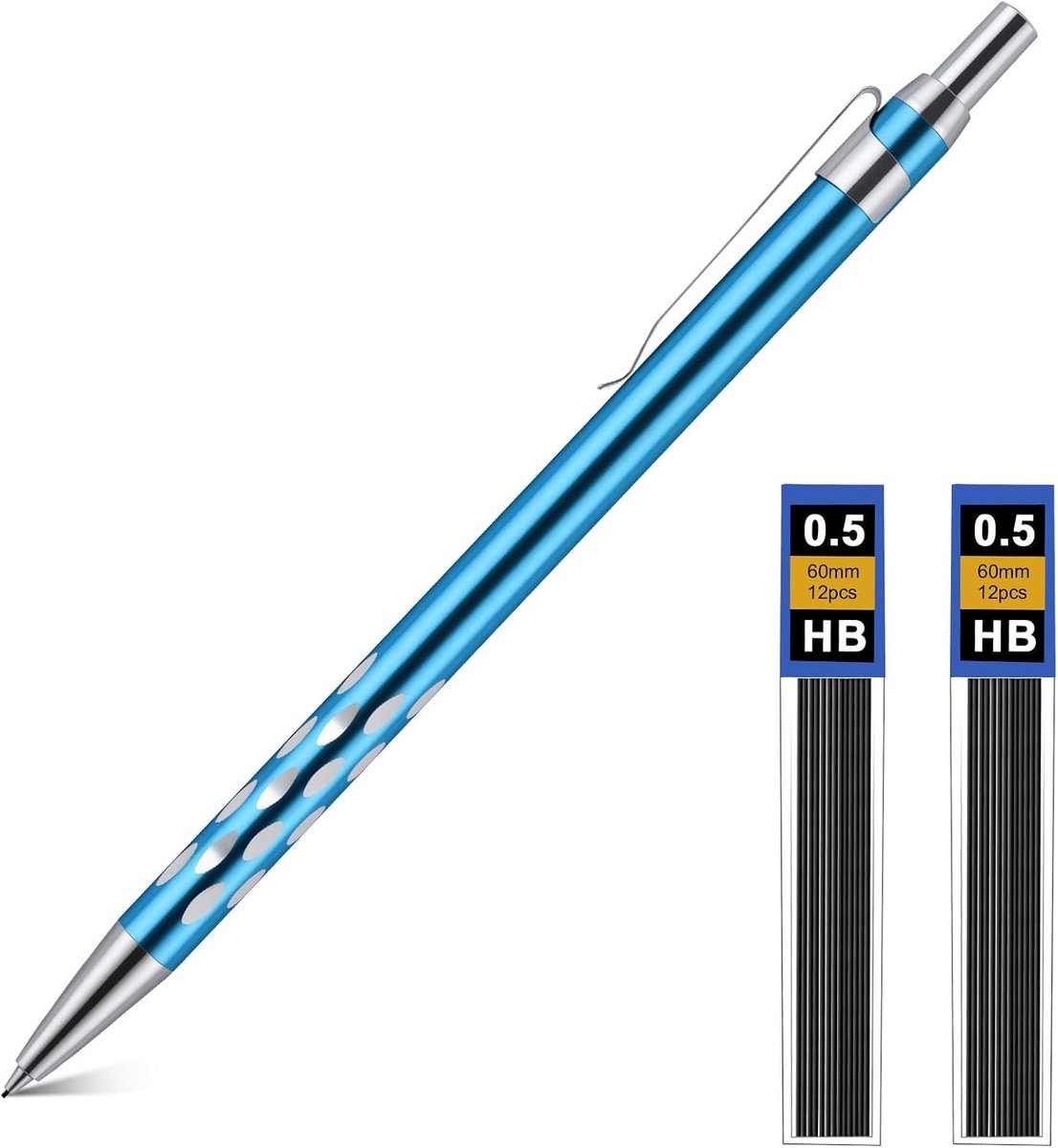 metalen vulpotlood, 0,5 mm, inclusief 2 HB-vullingen, voor kinderen, studenten, tekenen, schetsen, illustreren, architectuur en schrijven.