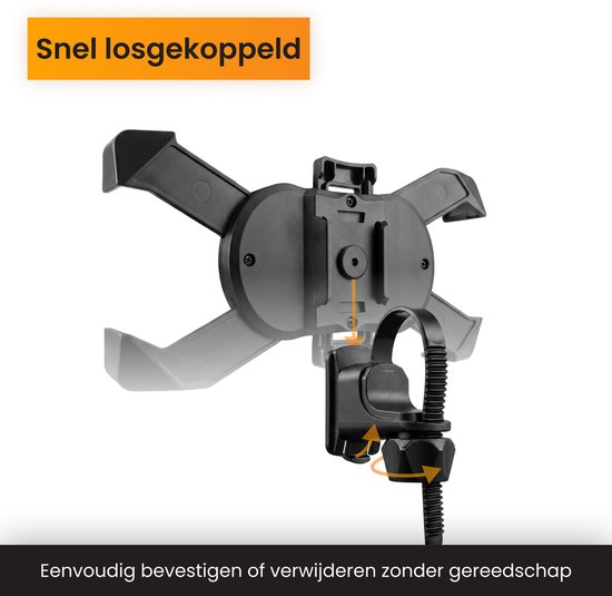 Zwarte fiets telefoonhouder demonstreert hoe het deel van de stuurbevestiging losgekoppeld wordt.