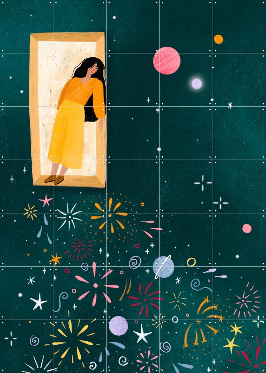 IXXI Yellow Dress Leans From A Window, Bea Müller & Various - 100 x 140 cm - Gratis ophangtool - Grote wanddecoratie en posters - Speels, Pop art
