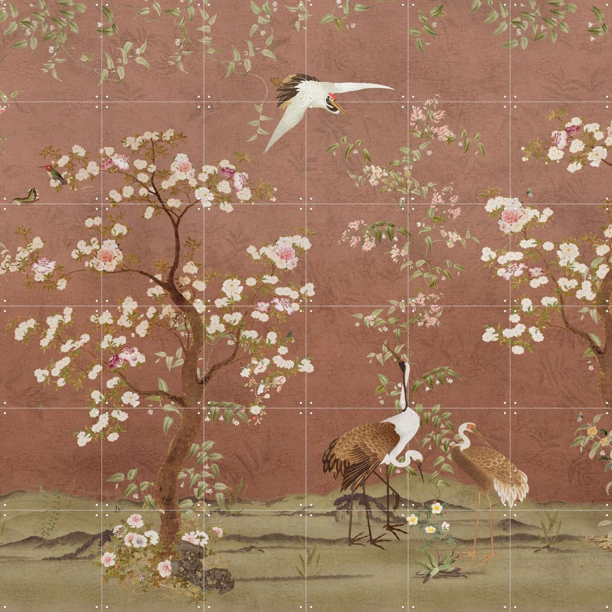 IXXI Chinoiserie Birds And Blossom Trees Terracotta, Bloomery Decor - 120 x 120 cm - Gratis ophangtool - Grote wanddecoratie en posters -