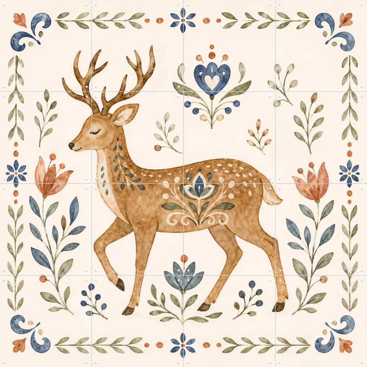 IXXI Folk Art - Hert in Aquarel, Natalie Bruns - 80 x 80 cm - Gratis ophangtool - Grote wanddecoratie en posters - Decoratieve kunsten, Aquarel
